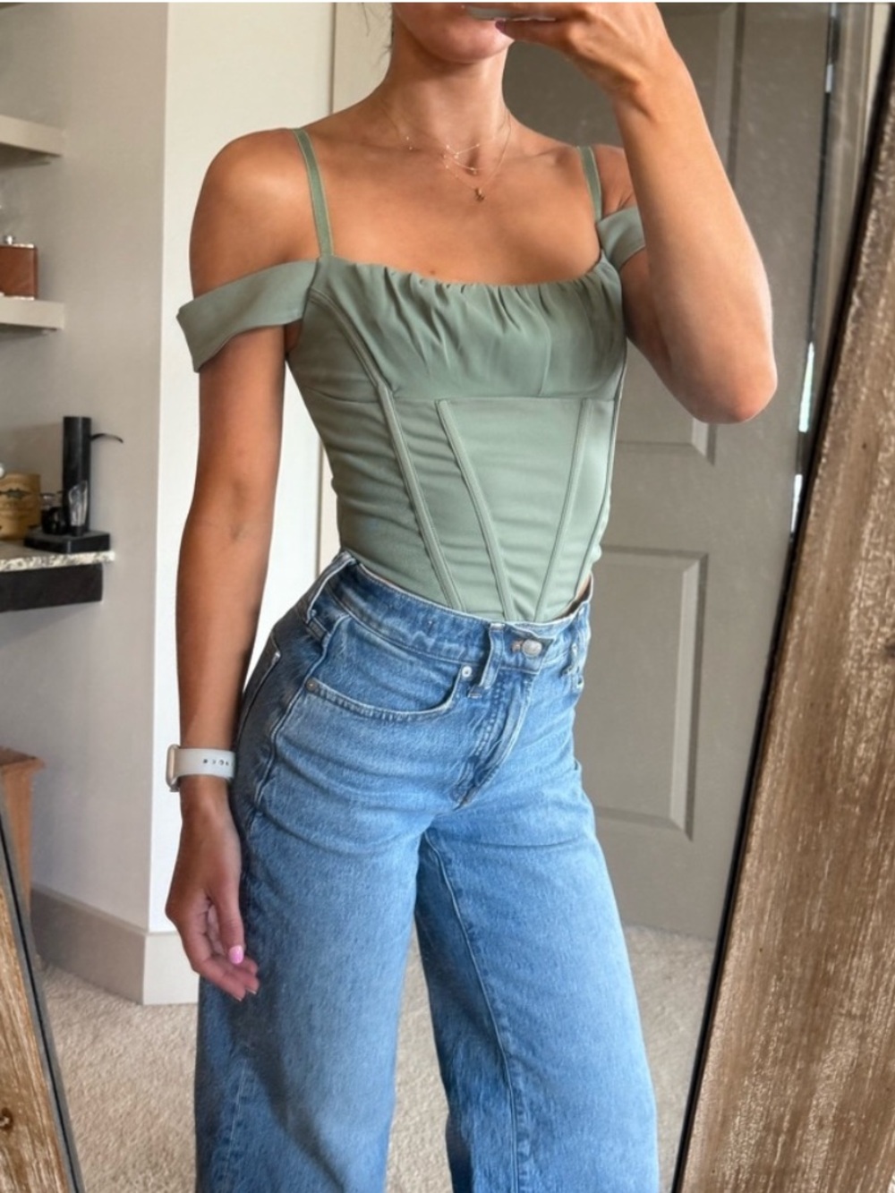 Off-Shoulder Corset Cami in Sage Green